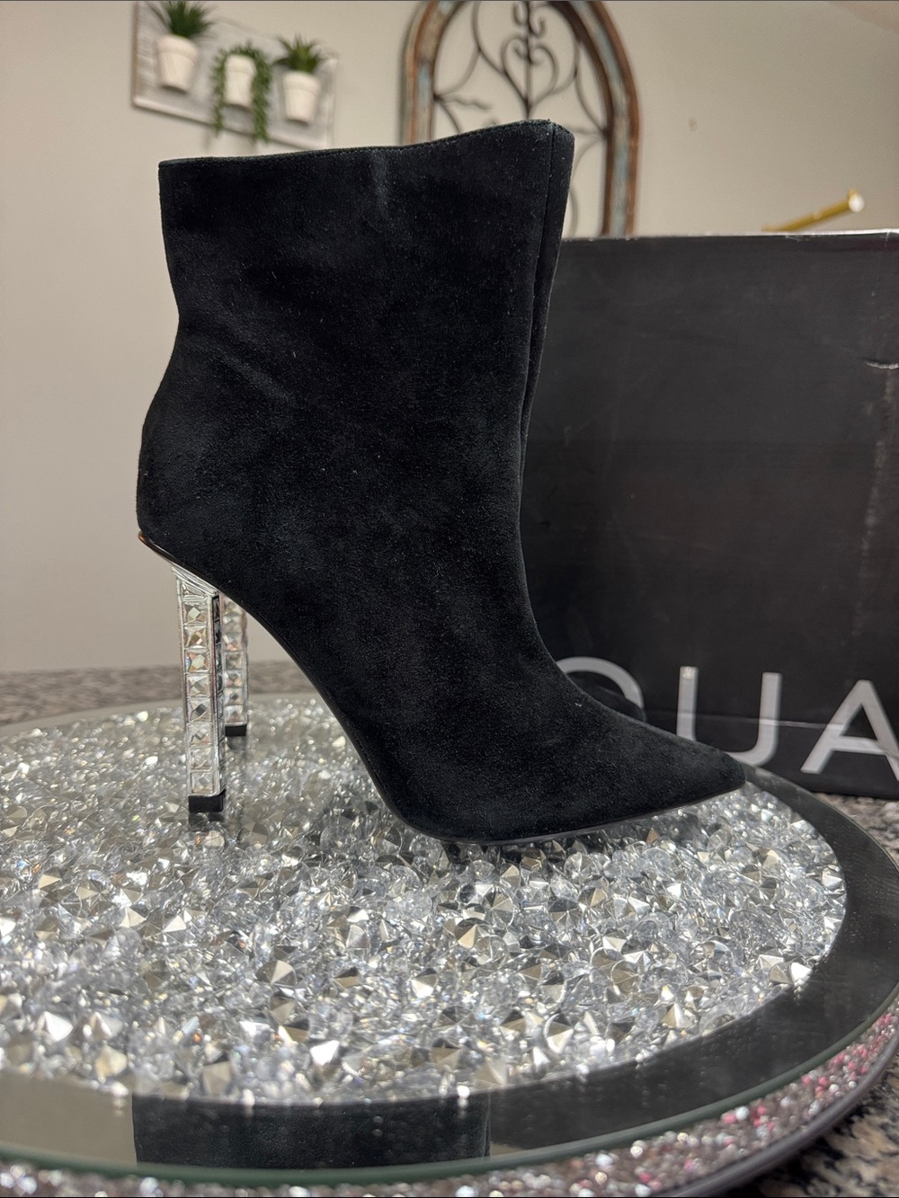 Aqua Black Perin Suede Pointed Ankle Boot Silver Mirrored Block Heel NEW 6.5